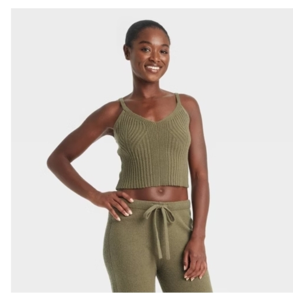 Auden Women's Olive Green Knitted Cropped Tank Top Sleepwear Size XS